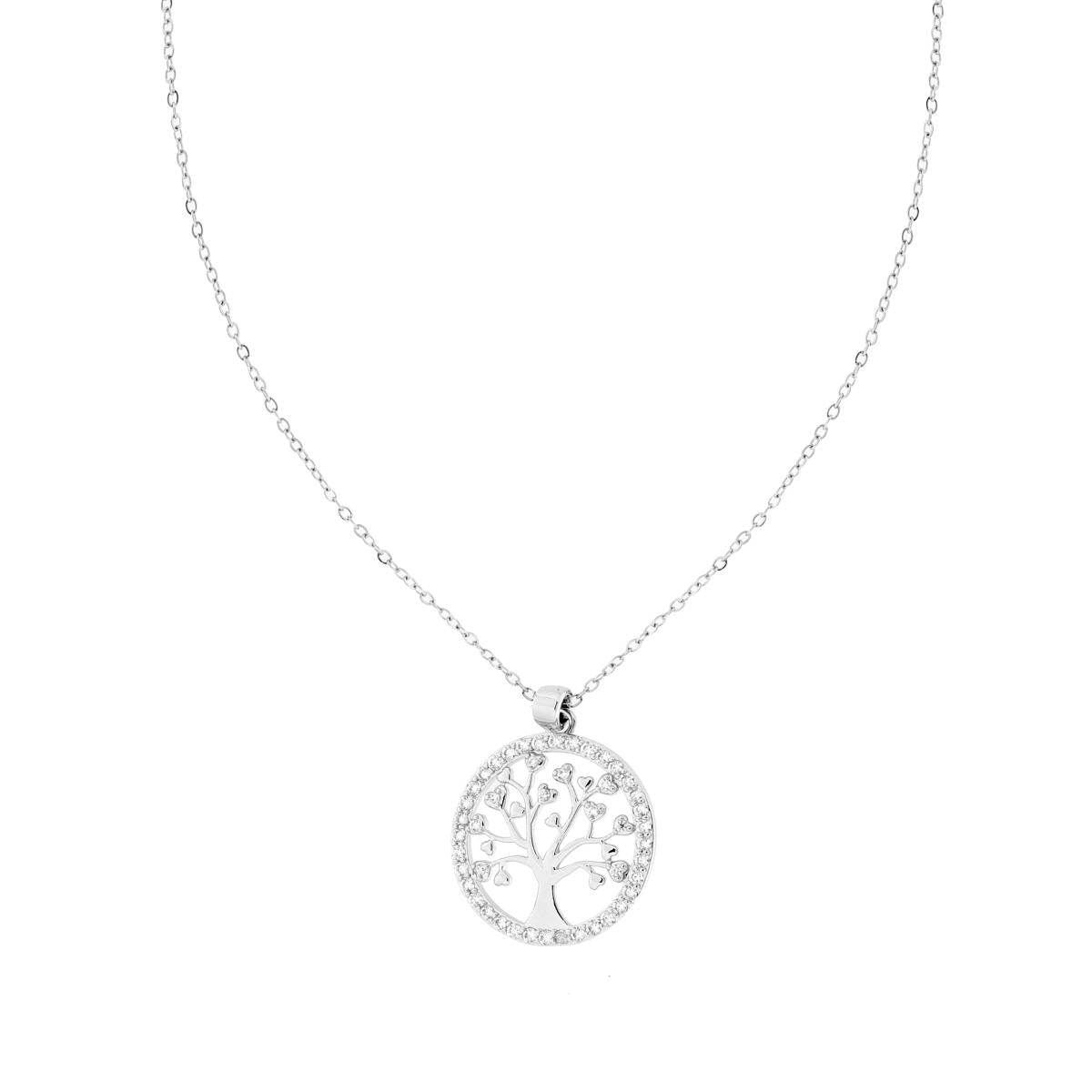 Collana Catena Forzatina Diamantata con Albero della Vita e Crystal Bianchi n ACCIAIO
