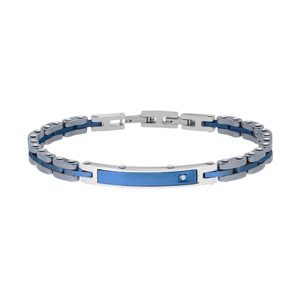 Bracciale Uomo Catena Imperniata in Ceramica Antracite con Targa colore Blu e Crystal Bianco in ACCIAIO