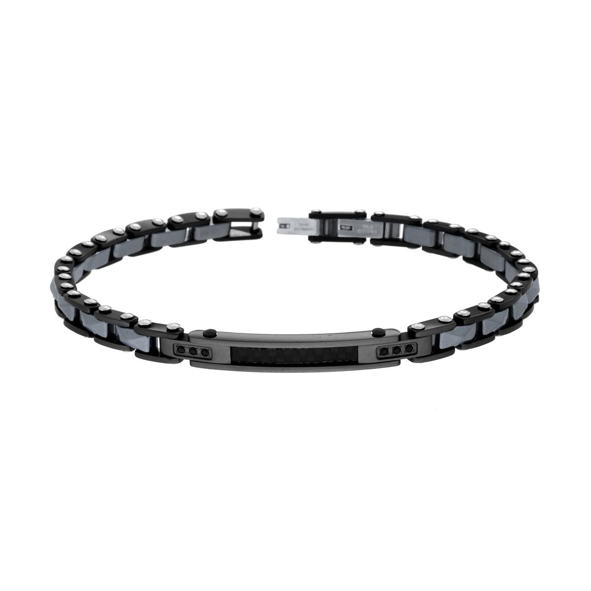 Bracciale Uomo Targa Nera Catena imperniata con Ceramica Antracite Bugnata e Crystal Neri in ACCIAIO