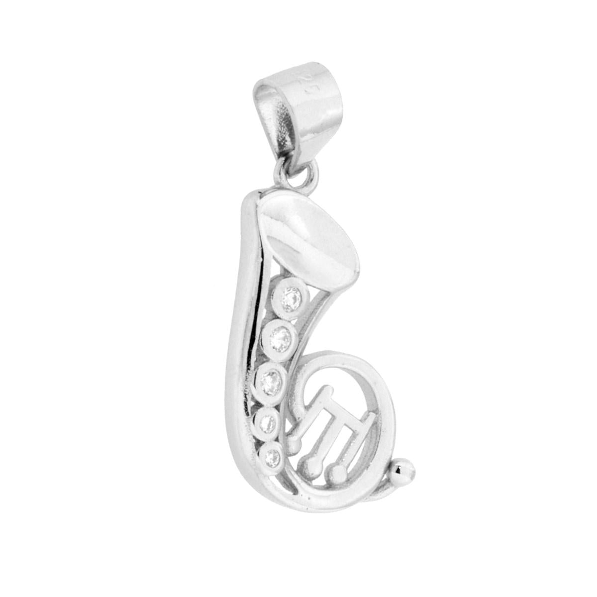 Ciondolo a forma di strumento musicale a fiato con cubic zirconia bianchi incastonati.