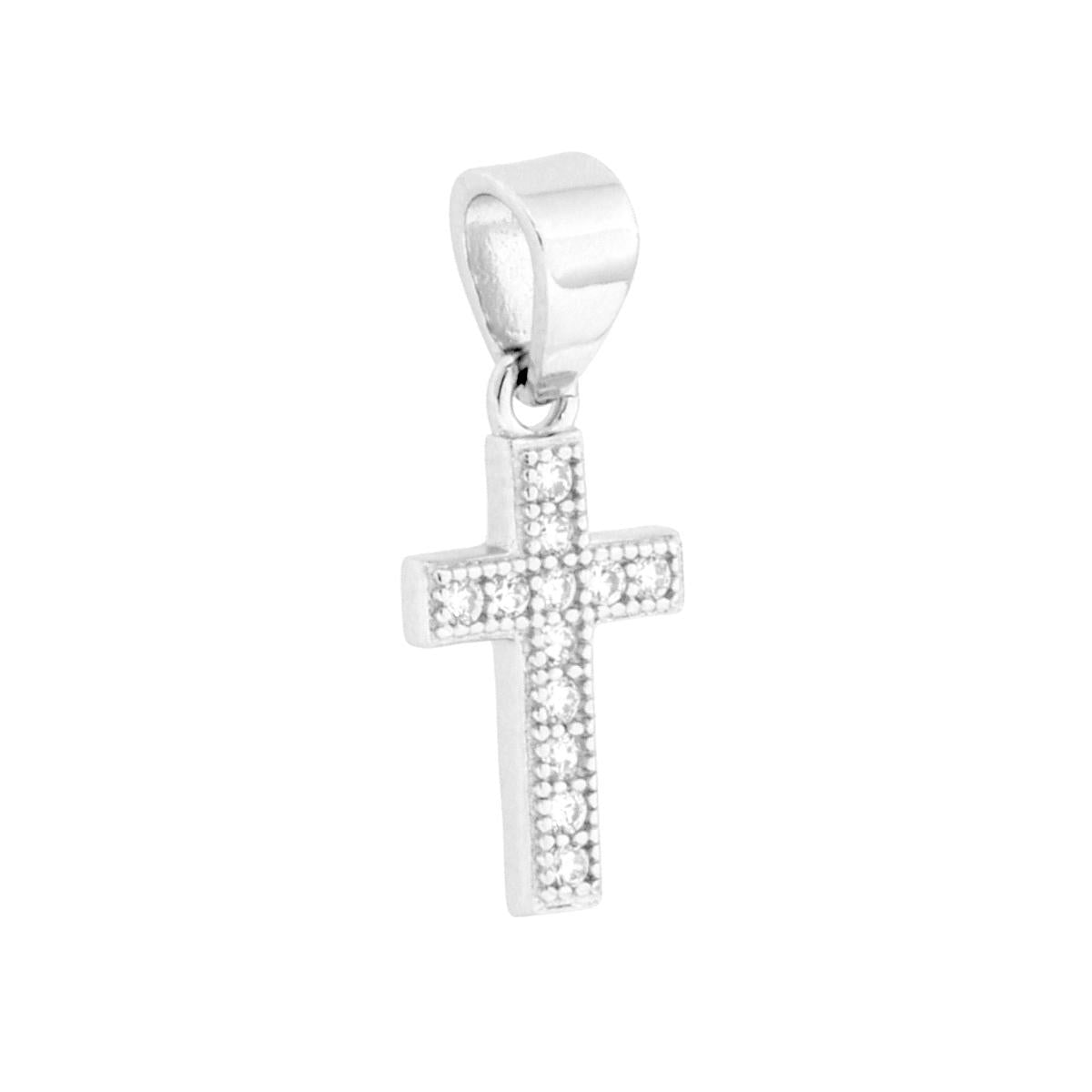 Ciondolo a forma di croce con cubic zirconia bianchi incastonati.