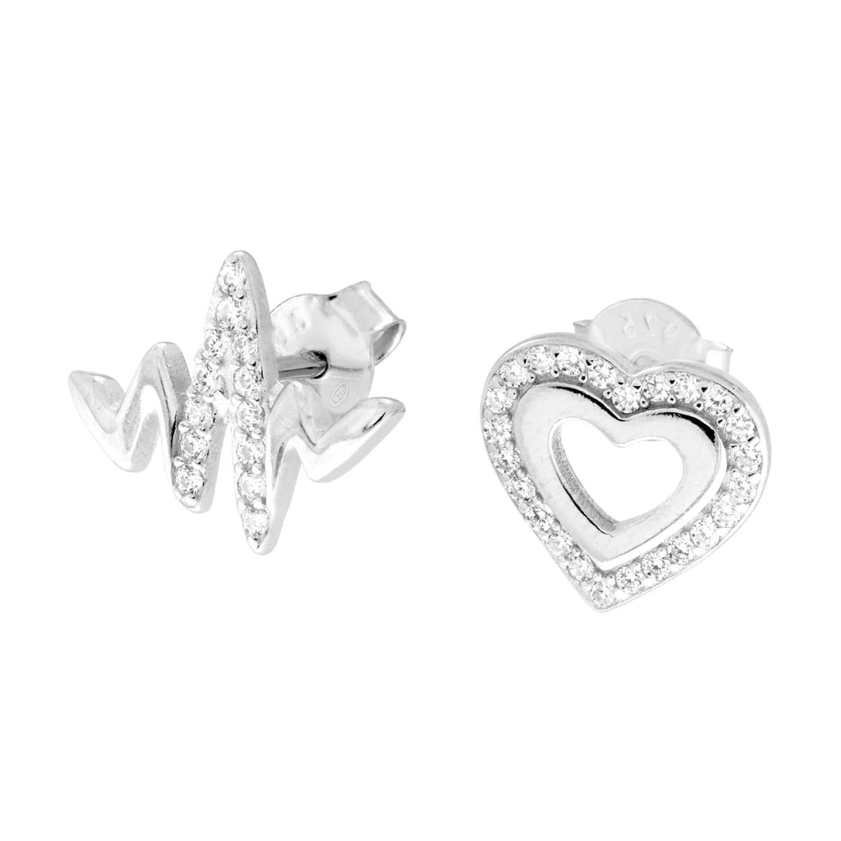 Orecchini Asimmetrici Cuore e Battito con Cubic Zirconia Bianchi in ARGENTO 925 Galvanica Rodio