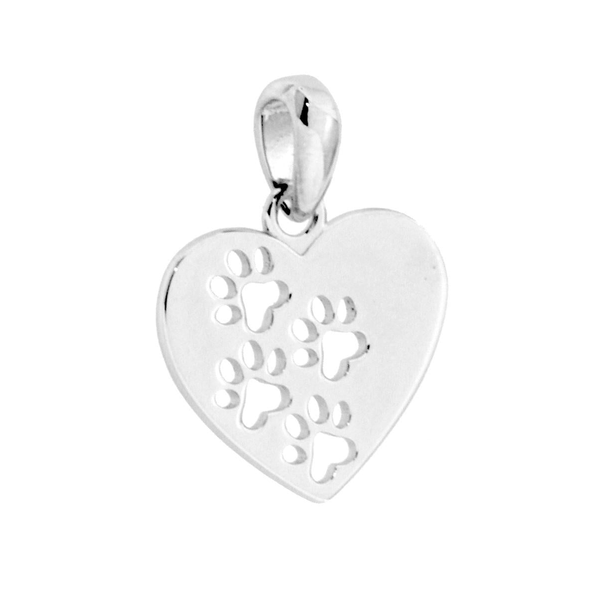 Ciondolo piastrina a forma di cuore con Impronte Zampa Cane traforate, finitura liscia e lucida.