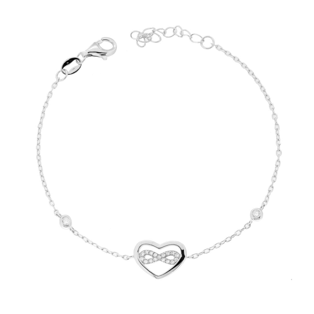 Bracciale Catena Forzatina Diamantata Cuore e Infinito con Cubic Zirconia Bianchi in ARGENTO 925 Galvanica Rodio