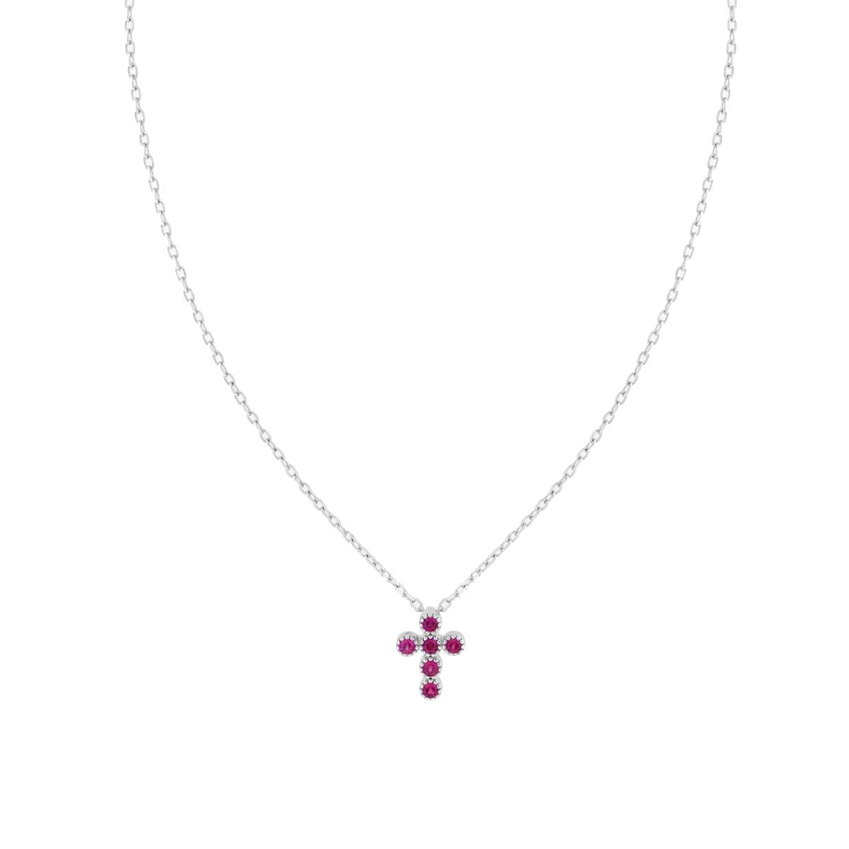 Collana Catena Forzatina Diamantata con Croce e Cubic Zirconia Rosso Rubino in ARGENTO 925 Galvanica Rodio
