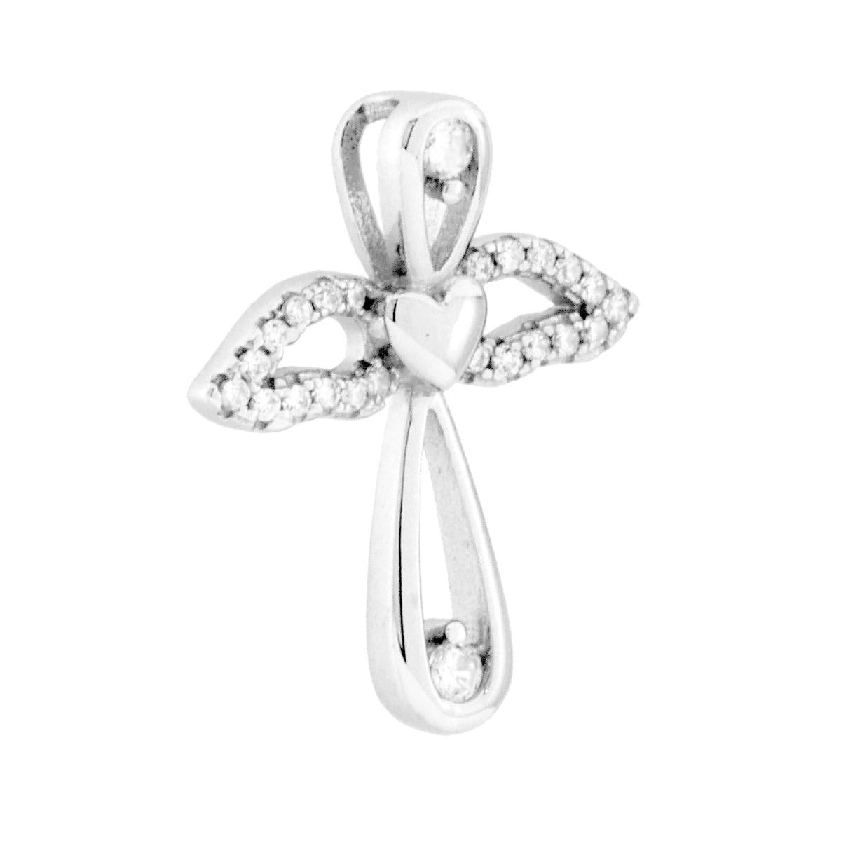 Ciondolo con passante per catena a forma di croce con ali e cuore con finitura liscia e lucida e con cubic zirconia bianchi incastonati.