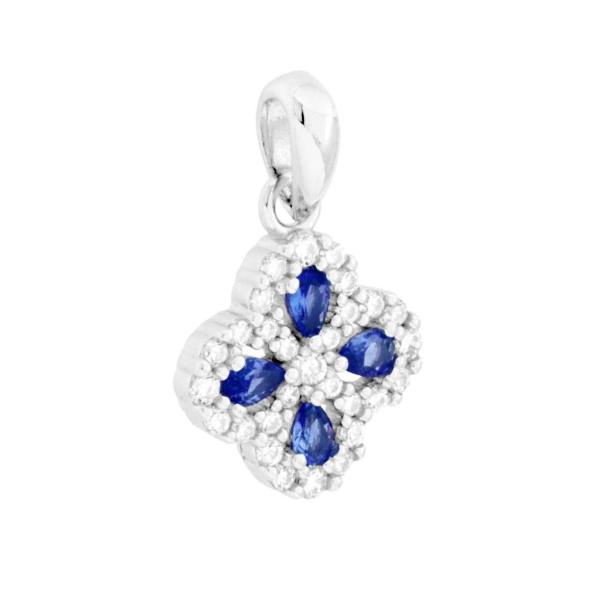 Ciondolo a forma di quadrifoglio con cubic zirconia incastonati, Blu Zaffiro taglio goccia e bianchi taglio tondo.