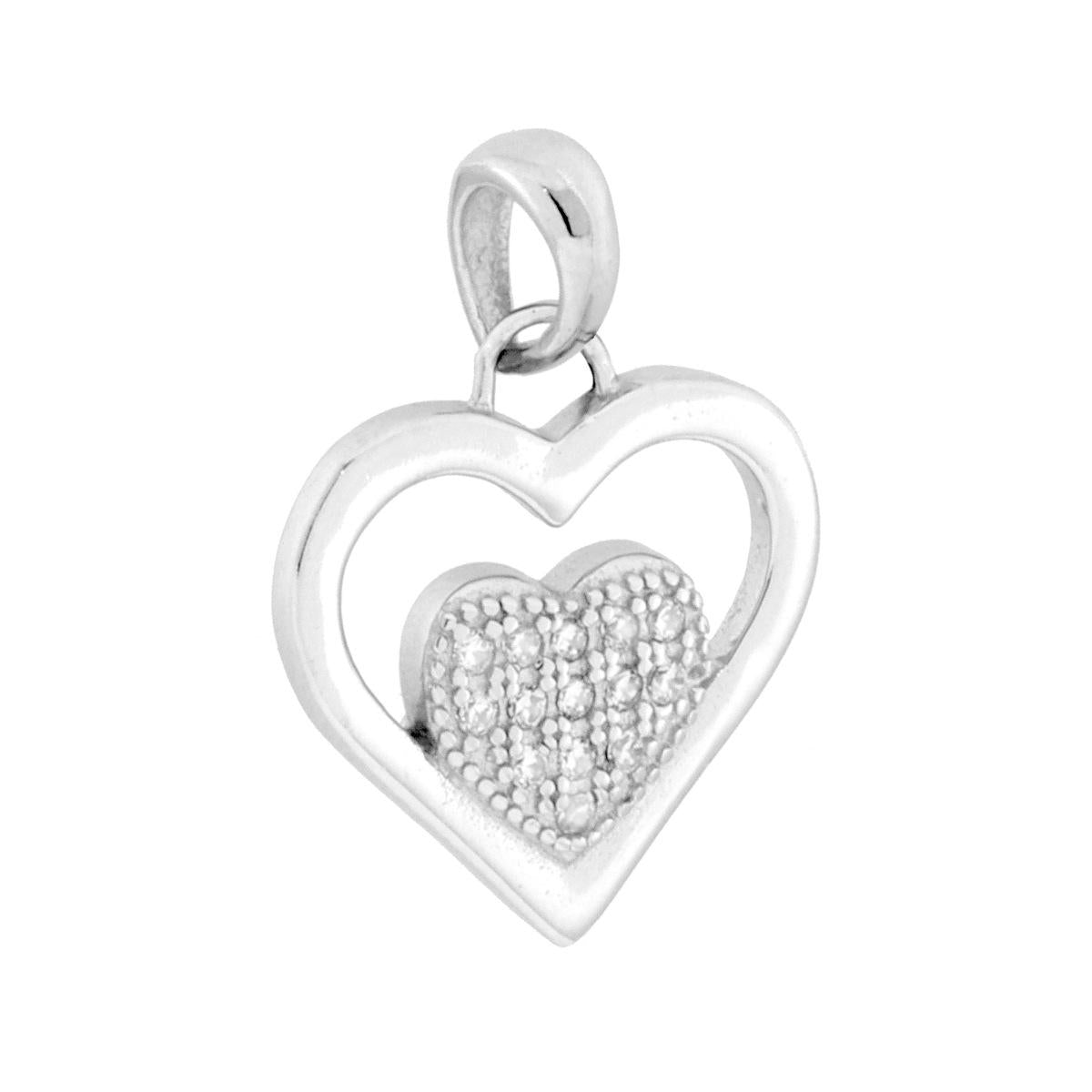 Ciondolo a forma di cuore con finitura lucida e con cuoricino all'interno con cubic zirconia bianchi incastonati.