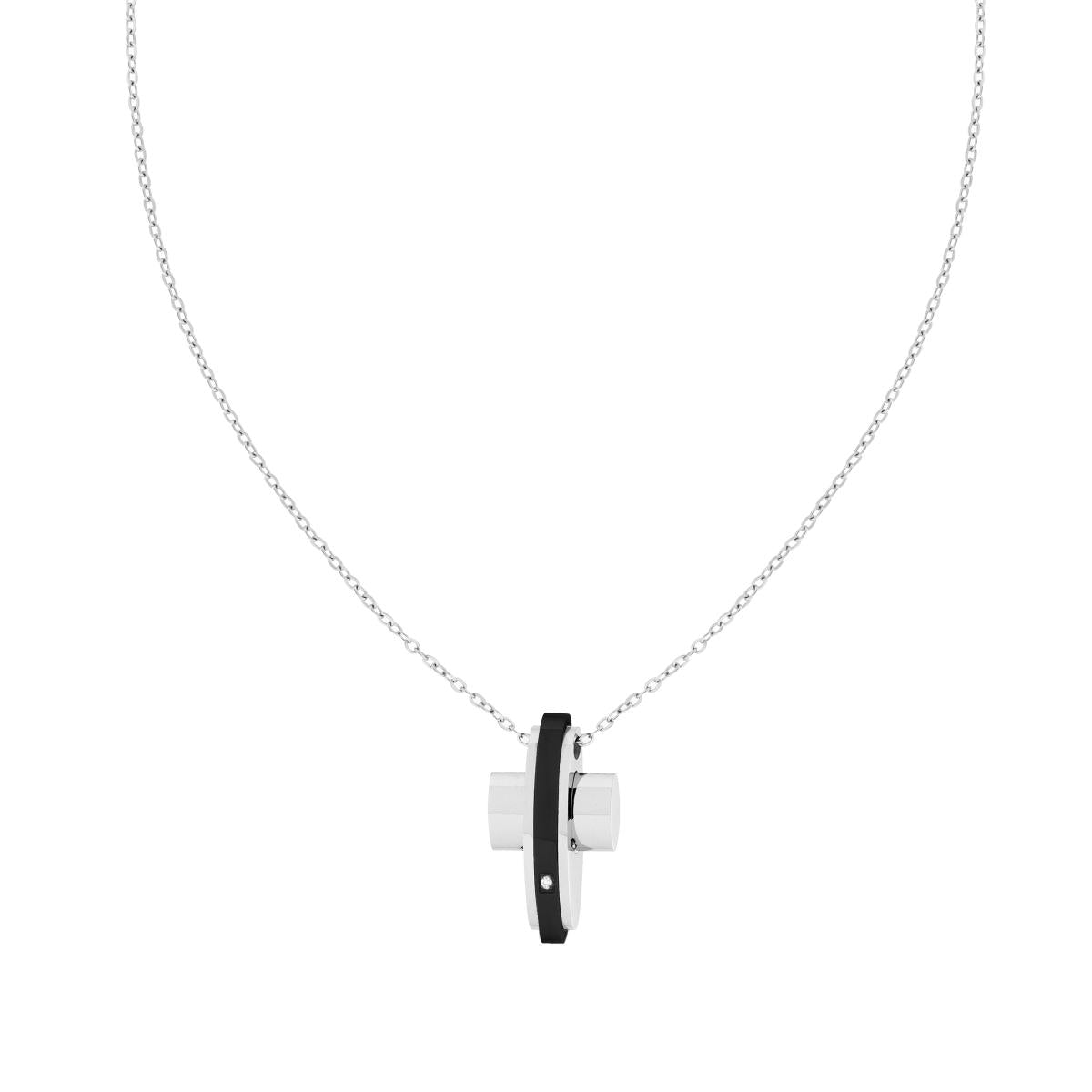 Collana Catena Forzatina Diamantata con Croce Nera con Crystal Bianco in ACCIAIO