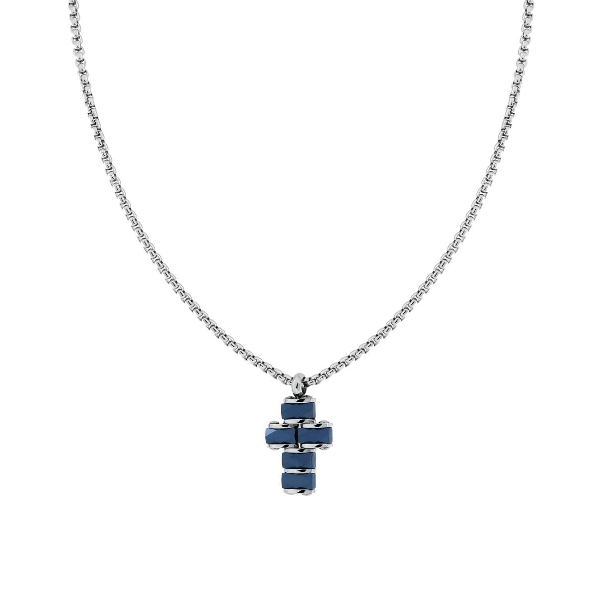 Collana Catena Veneziana Tonda con Croce con Inserti in Ceramica Bugnata Blu in ACCIAIO