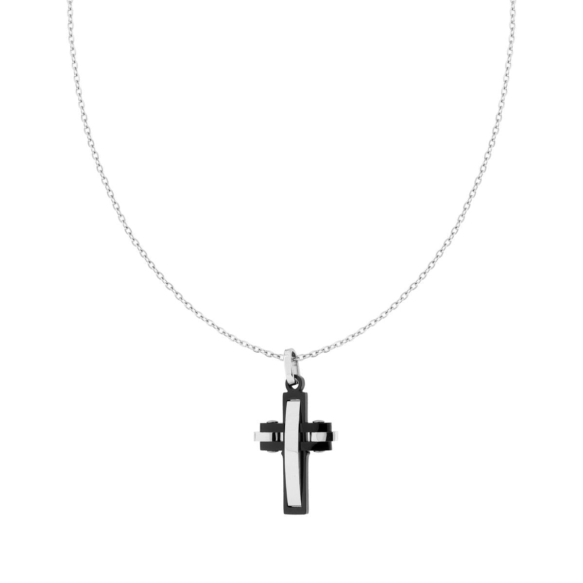 Collana Catena Forzatina Diamantata con Croce Nera in ACCIAIO