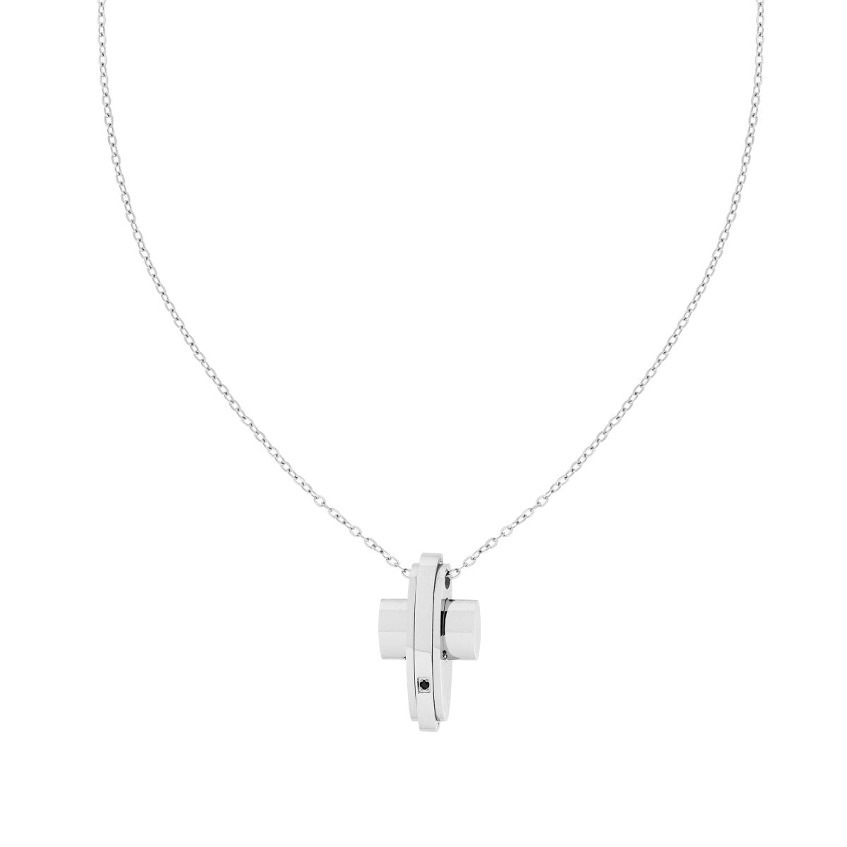Collana Catena Forzatina Diamantata con Croce e Crystal Nero in ACCIAIO