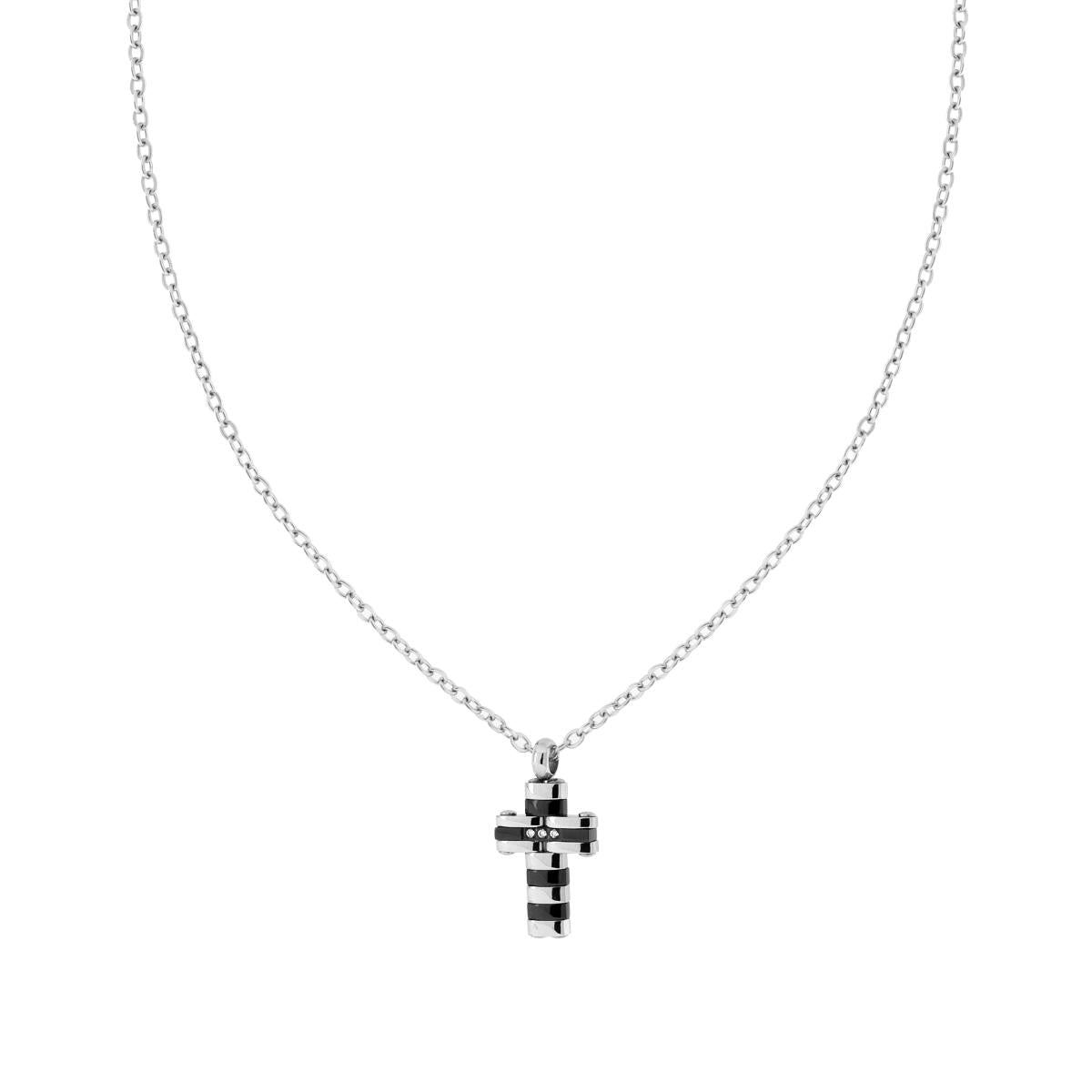 Collana con Catena Forzatina Diamantata con Croce e con Dettaglio Nero e Crystal Bianchi in ACCIAIO