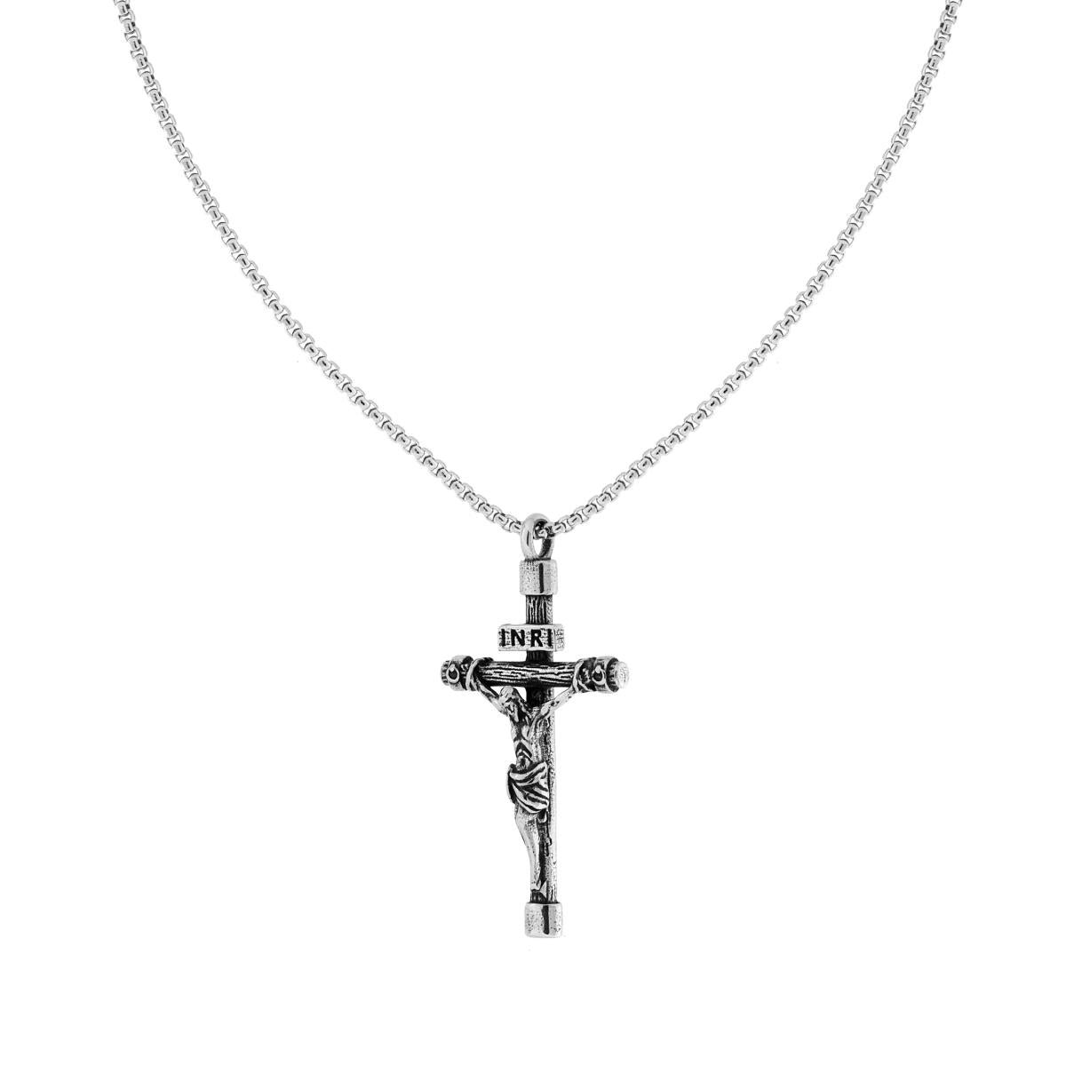 Collana Catena Veneziana Tonda con Croce e Gesu Cristo in ACCIAIO