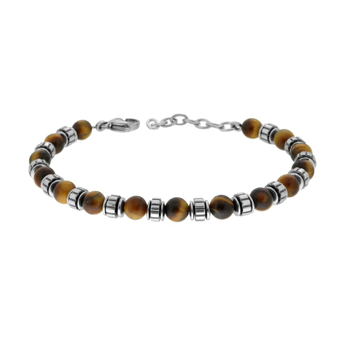 Bracciale Catena con Palline Occhio di Tigre ed Accessori in ACCIAIO