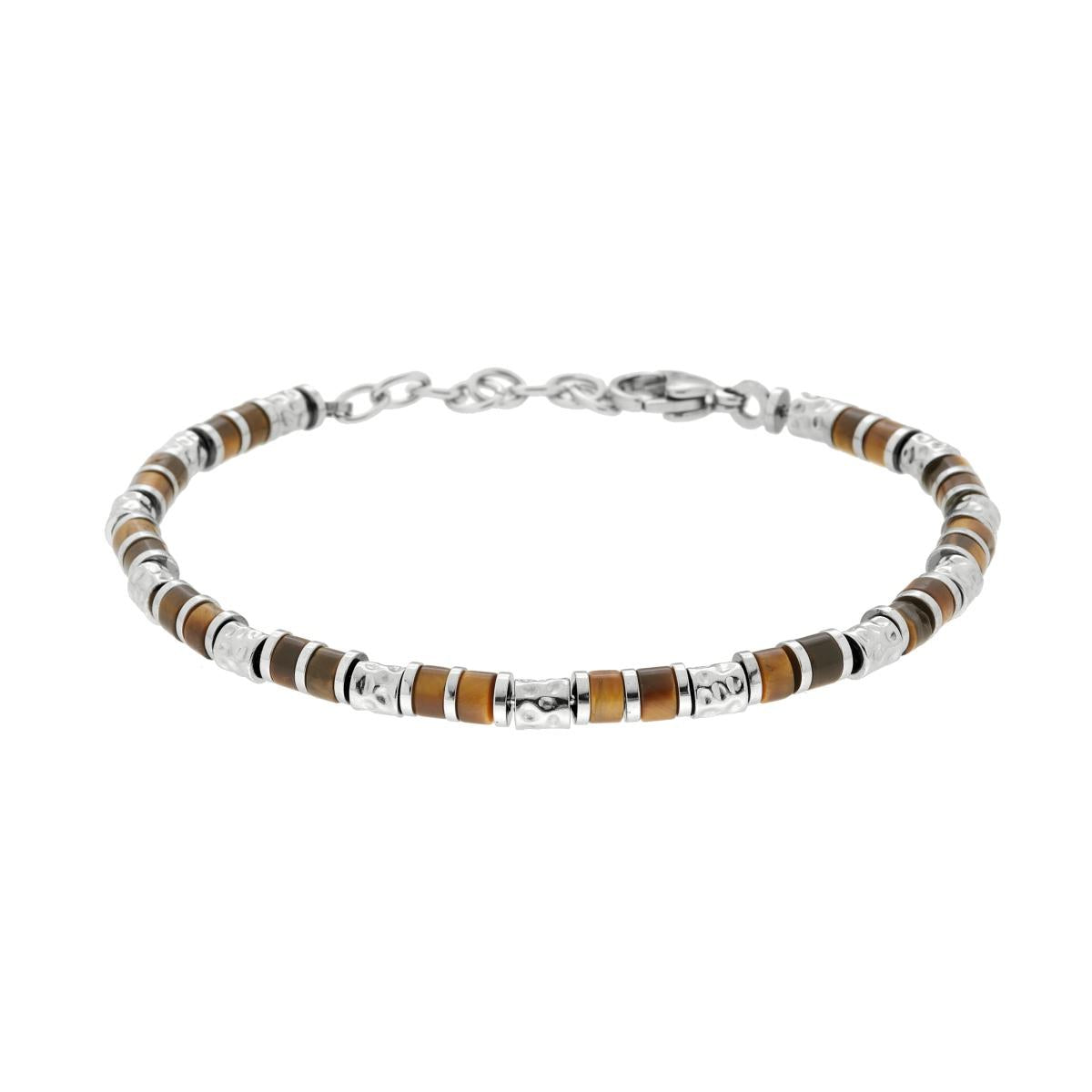 Bracciale Catena con Pietre Occhio di Tigre e Cilindri martellati in ACCIAIO