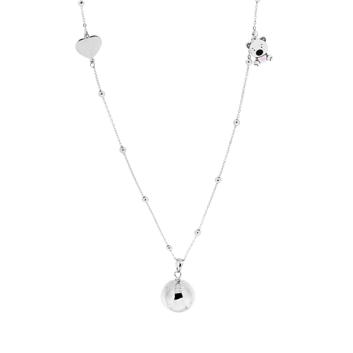 Collana Catena Forzatina Diamantata con Palline cm 90 Chiama Angeli con Cuore e Orsetto Smalto Rosa in ACCIAIO e BRONZO