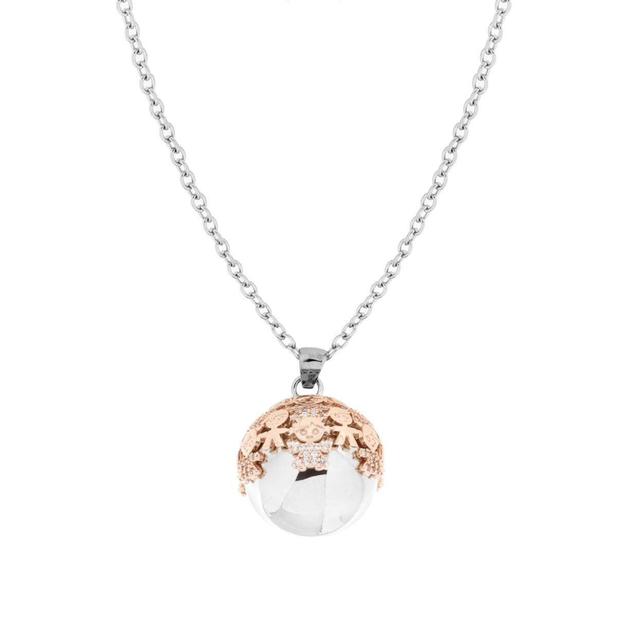 Collana Catena Forzatina cm 90+5 Chiama Angeli Cupola con Bimbo e Bimba colore Rosa Crystal con Sfera in ACCIAIO e BRONZO
