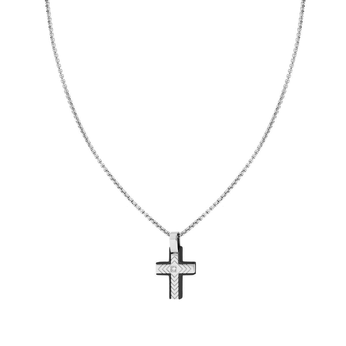 Collana Catena Veneziana Tonda con Croce Nera con Decoro Geometrico e Crystal Bianco in ACCIAIO