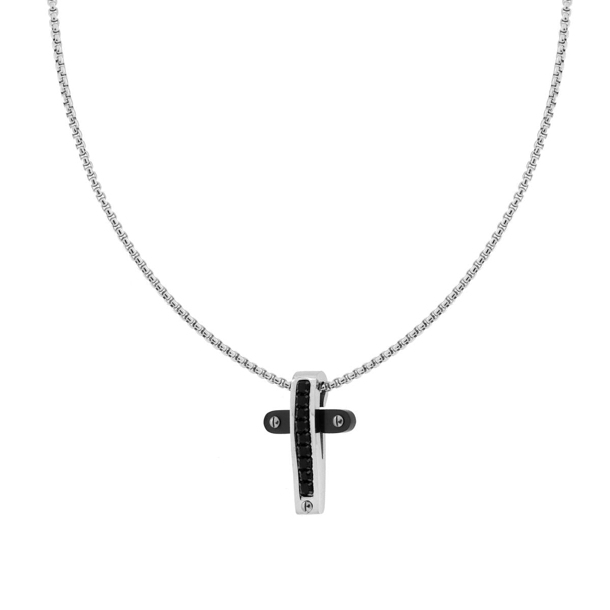 Collana Catena Veneziana Tonda con Croce con dettaglio Nero e Crystal Neri in ACCIAIO