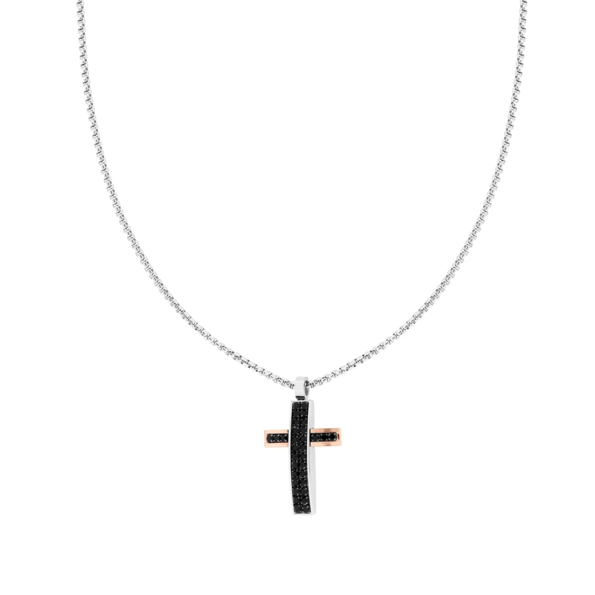 Collana Catena Veneziana Tonda con Croce Rosa e Crystal Neri in ACCIAIO