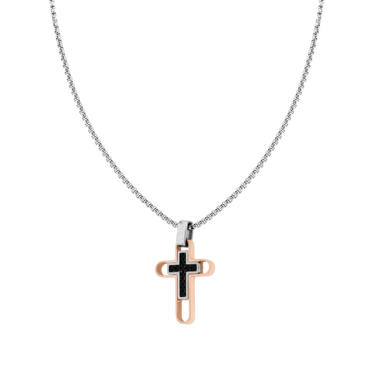 Collana Catena Veneziana Tonda con Croce Rosa e Crystal Neri in ACCIAIO