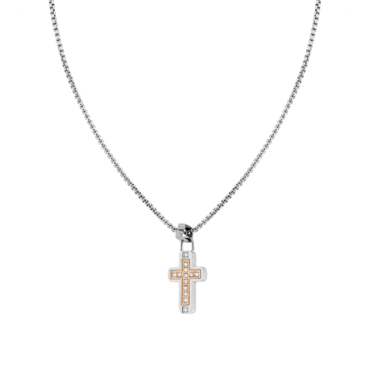 Collana Catena Veneziana Tonda con Croce con inserto Rosa e Crystal Bianchi in ACCIAIO