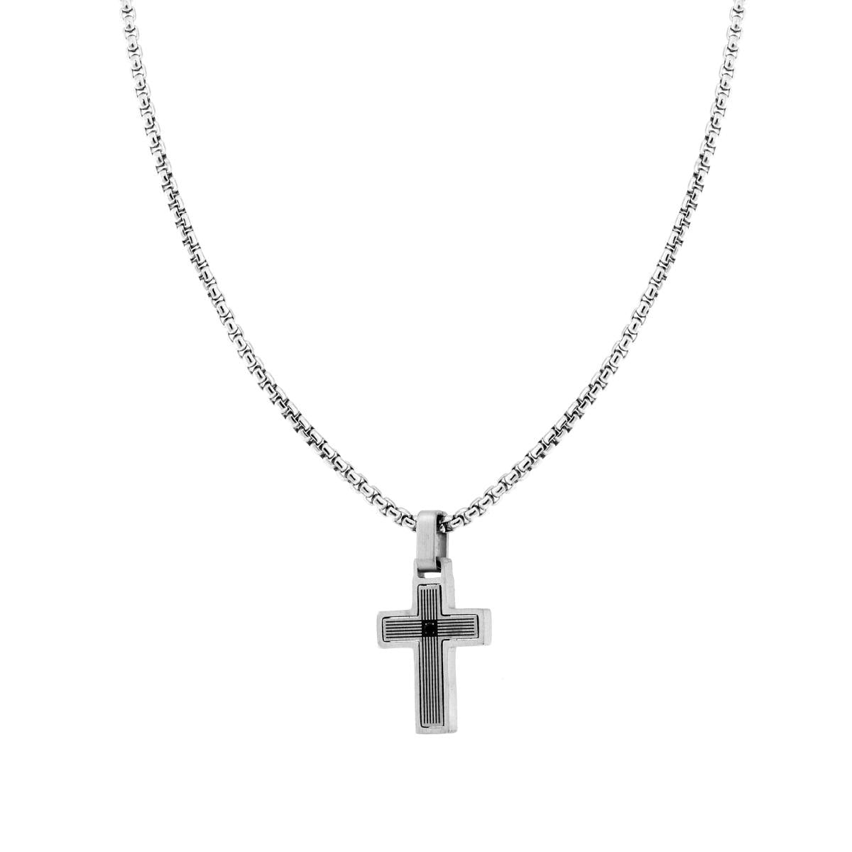 Collana Catena Veneziana Tonda con Croce Rigata e Crystal Nero in ACCIAIO