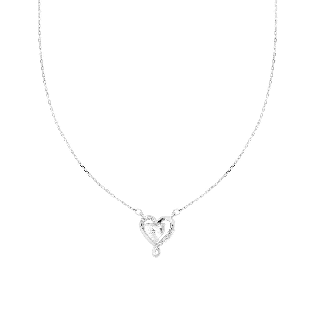 Collana Catena Forzatina Diamantata con Cuore e Cubic Zirconia Bianchi in ARGENTO 925 Galvanica Rodio