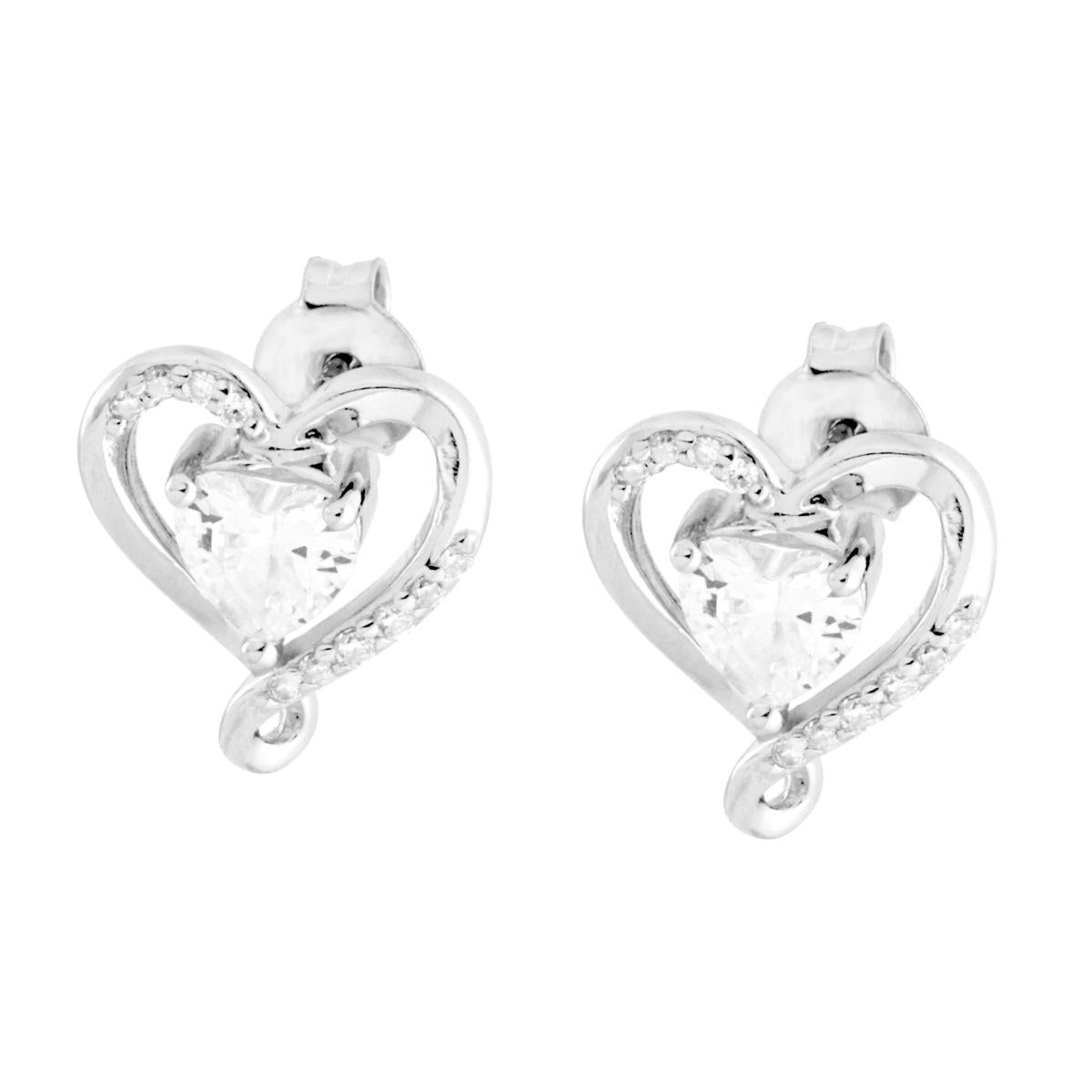 Orecchini Cuore e Cubic Zirconia Bianchi in ARGENTO 925 Galvanica Rodio