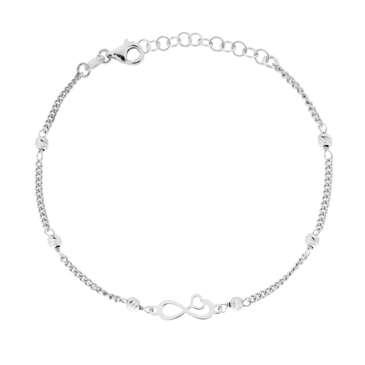 Bracciale Catena Grumetta Diamantata con Infinito e Cuore in ARGENTO 925 Galvanica Rodio