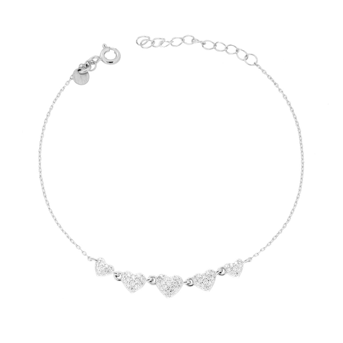 Bracciale Catena Forzatina Diamantata con Cuori e Cubic Zirconia Bianchi in ARGENTO 925 Galvanica Rodio