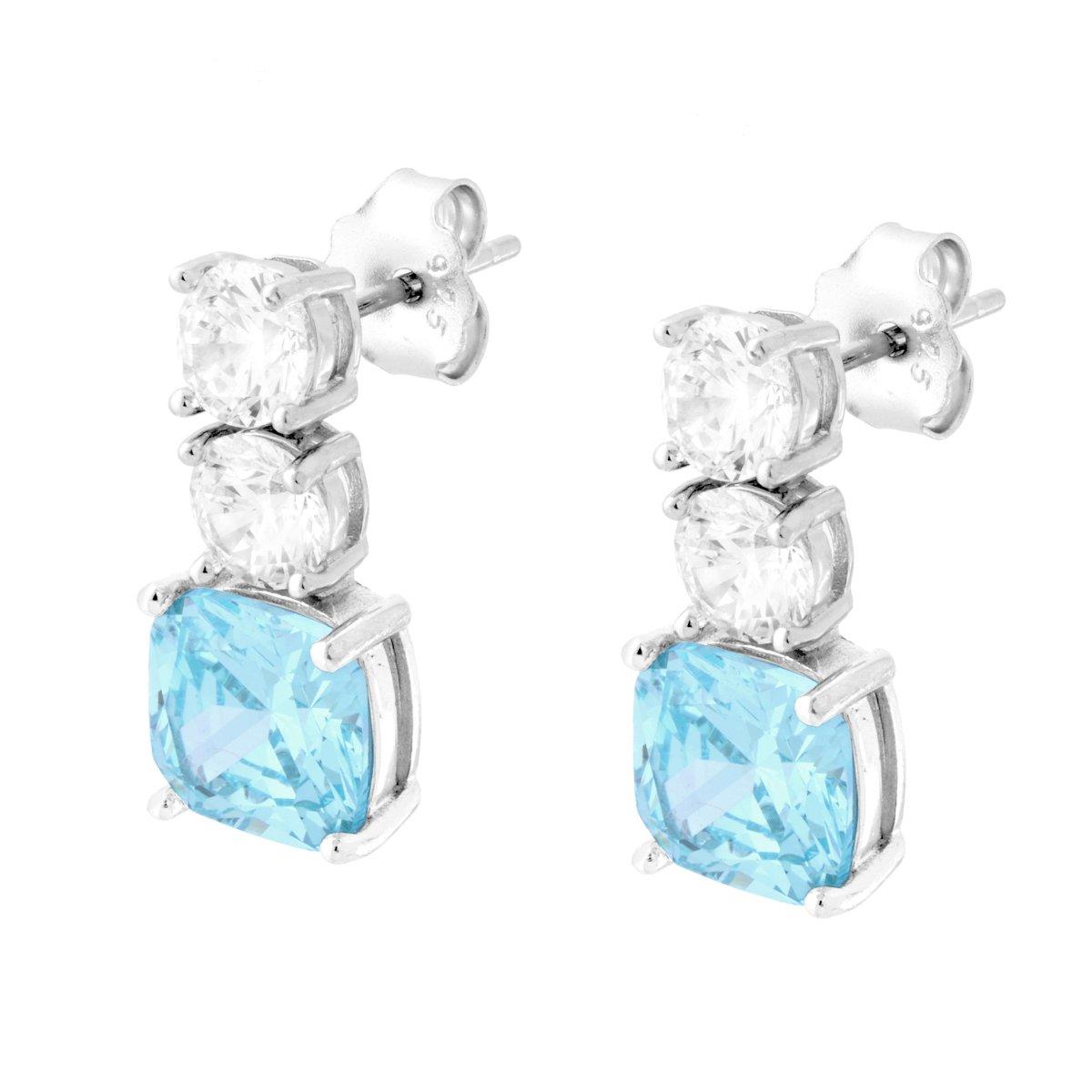 Orecchini Trilogy Acquamarina Quadrato Cushion e Punti Luce Cubic Zirconia Bianchi in ARGENTO 925 Galvanica Rodio