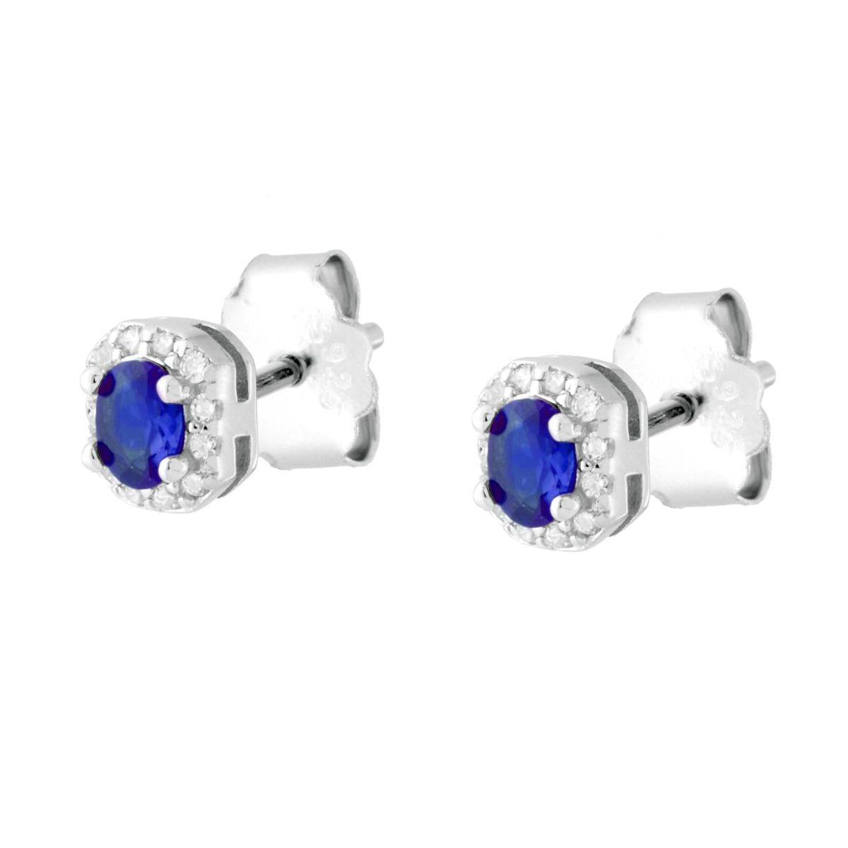 Orecchini Ovale Blu Zaffiro contornato da Cubic Zirconia Bianchi in ARGENTO 925 Galvanica Rodio