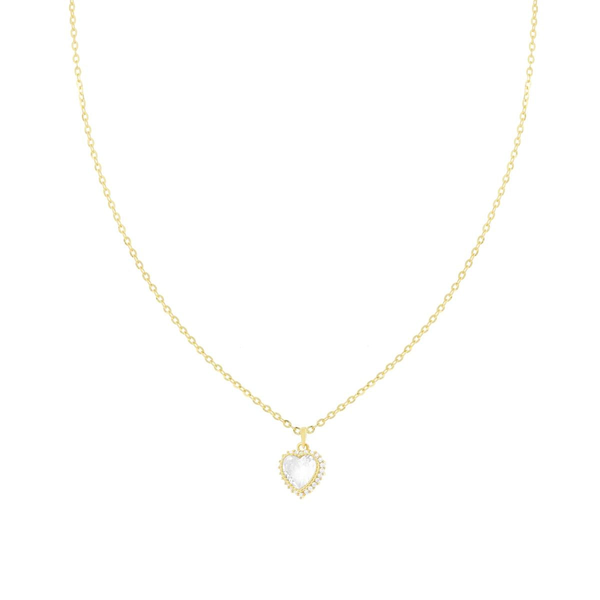 Collana Catena Forzatina Diamantata con Cuore Bianco contornato da Cubic Zirconia Bianchi in ARGENTO 925 Galvanica Oro