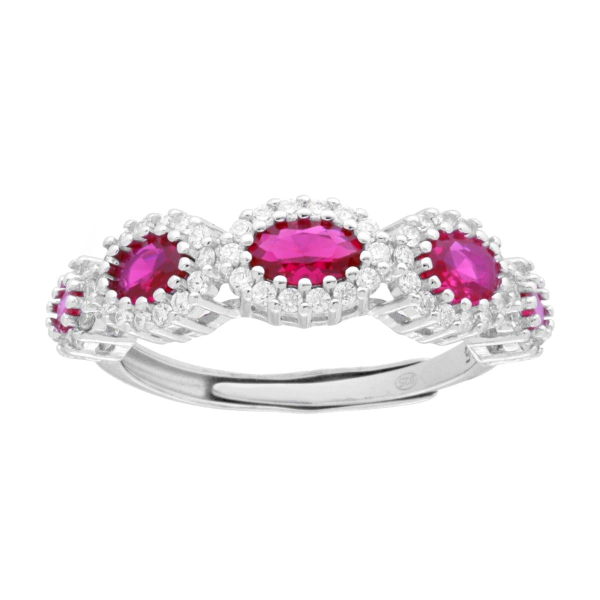 Anello Veretta con Ovali Rosso Rubino degrade contornati da Cubic Zirconia Bianchi in ARGENTO 925 Galvanica Rodio