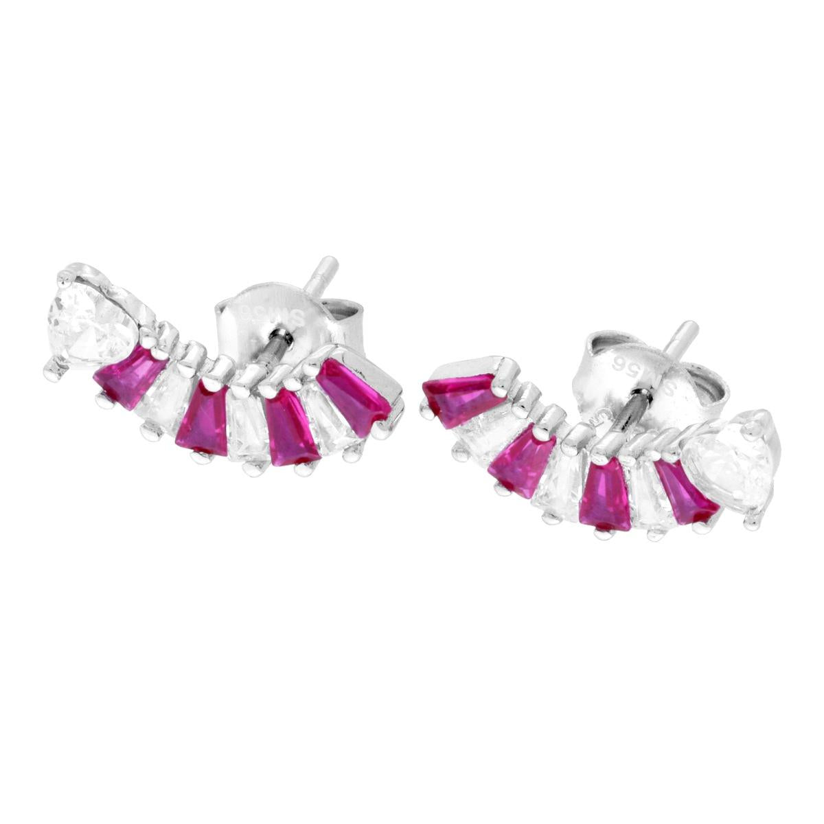 Orecchini con Cuore e Cubic Zirconia Rosso Rubino e Bianco taglio Trapezio in ARGENTO 925 Galvanica Rodio