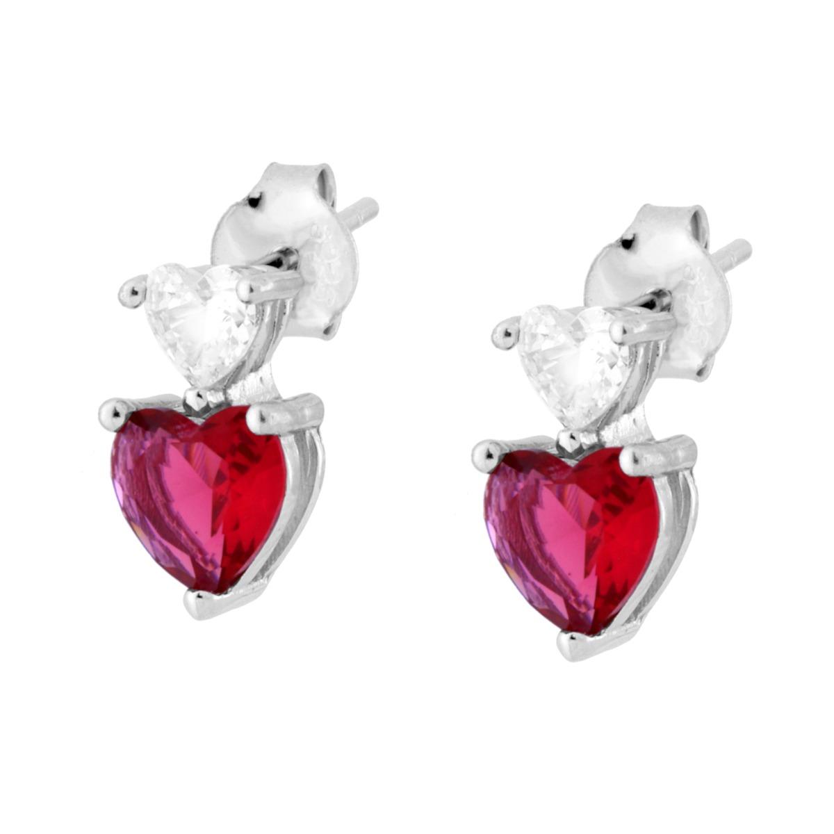 Orecchini Punto Luce Cuori Cubic Zirconia Bianco e Rosso Rubino in ARGENTO 925 Galvanica Rodio