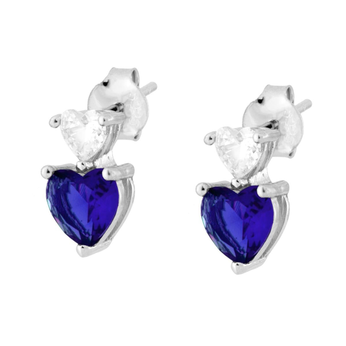Orecchini Punto Luce Cuori Cubic Zirconia Bianco e Blu Zaffiro in ARGENTO 925 Galvanica Rodio
