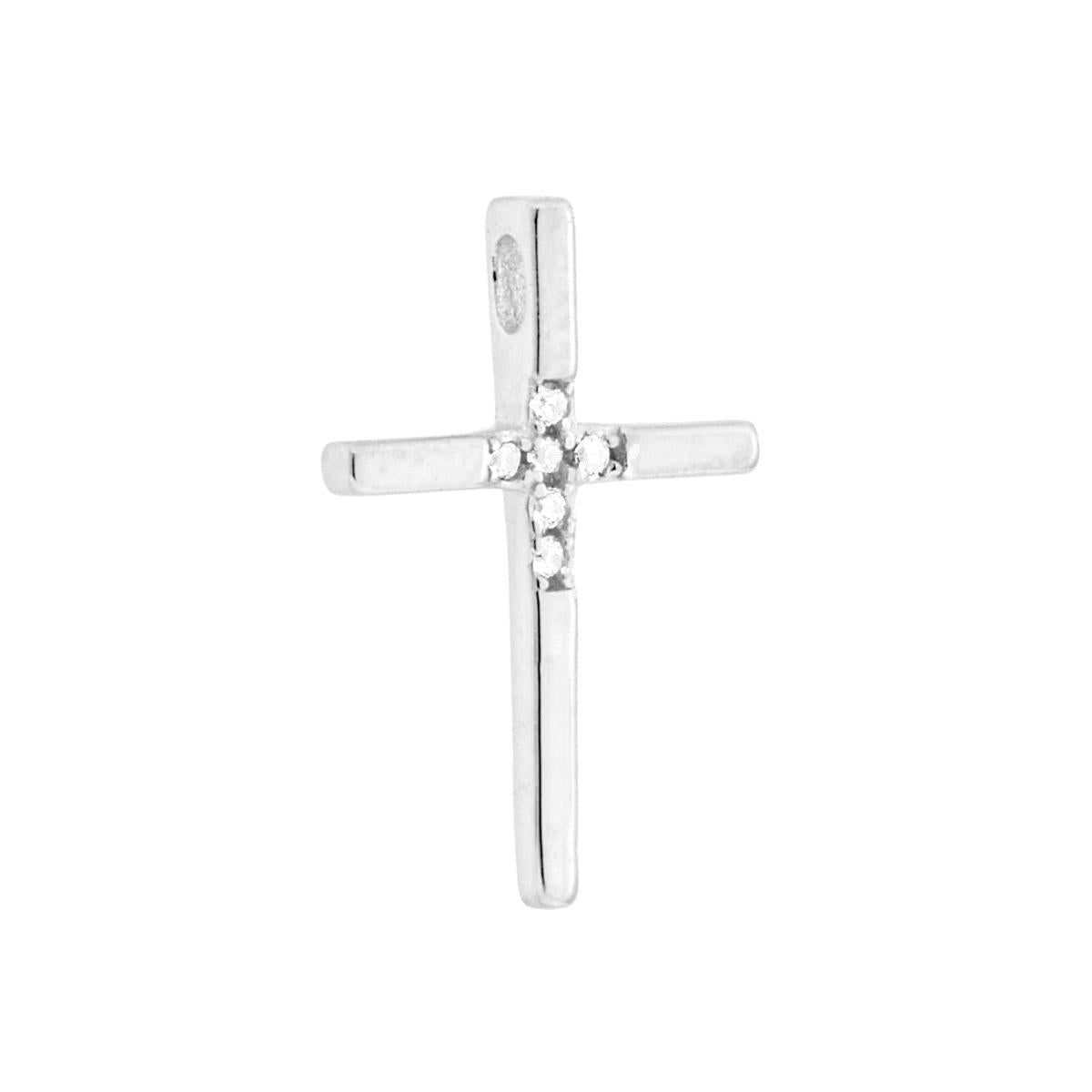 Ciondolo con passante per catena a forma di croce con finitura liscia e lucida e con cubic zirconia bianchi incastonati.<BR>