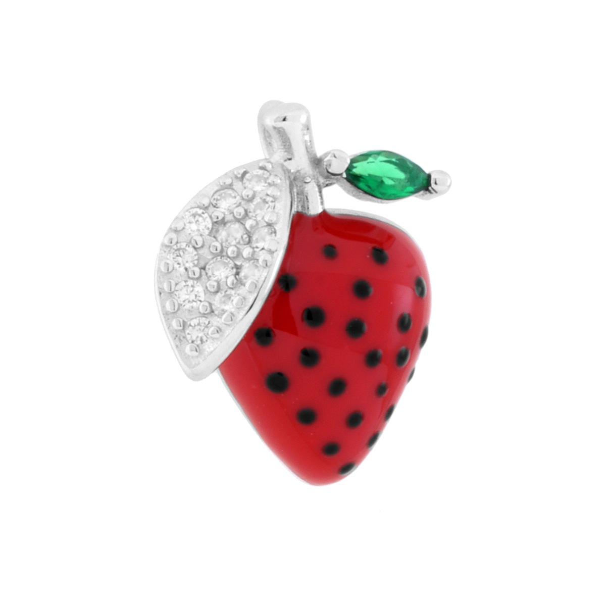 Ciondolo a forma di fragola con applicazione smalto rosso e cubic zirconia bianchi e verde smeraldo incastonati su foglie.