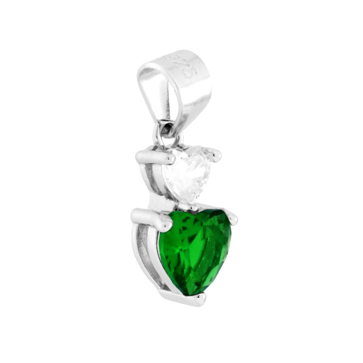 Ciondolo punto luce con due cubic zirconia colore Bianco e Verde Smeraldo a forma di cuore montati su 3 Griffe.