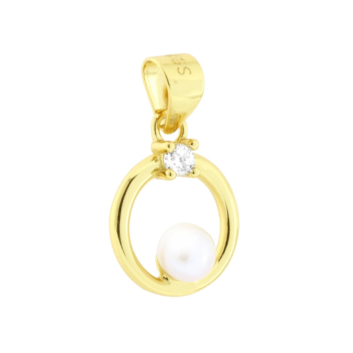 Ciondolo a forma di cerchio liscio e lucido con cubic zirconia bianco e perla bianca naturale di fiume in centro.