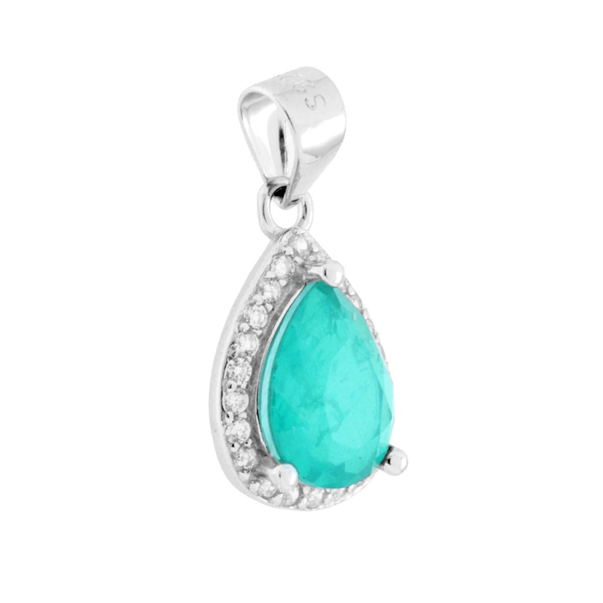 Ciondolo con Pietra Naturale Tormalina Paraiba goccia con cubic zirconia bianchi incastonati intorno.<BR>