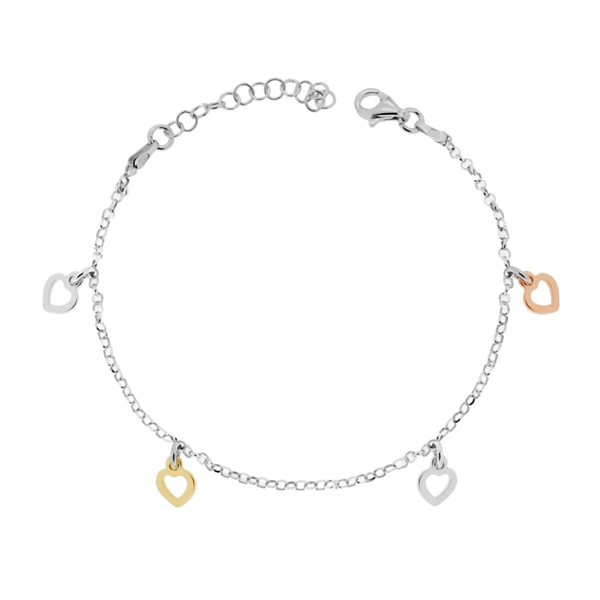 Bracciale Catena Rolo Diamantata con Cuori pendenti in ARGENTO 925 Galvanica Rodio Oro e Rosa