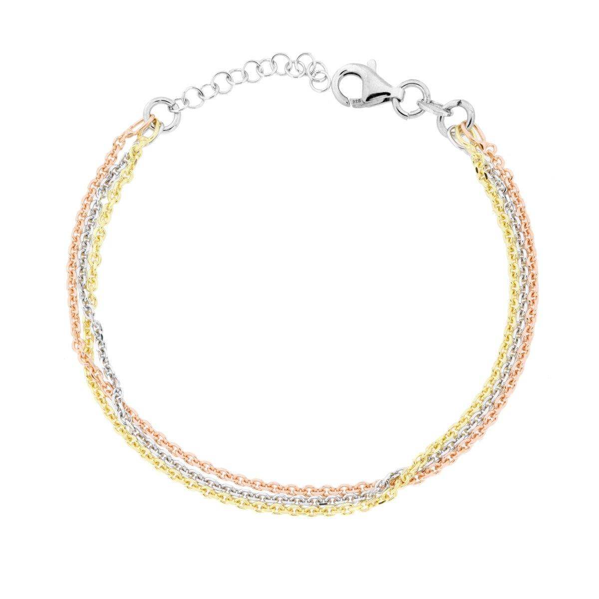 Bracciale tre fili Catena Forzatina Diamantata in ARGENTO 925 Galvanica Rodio Oro e Rosa