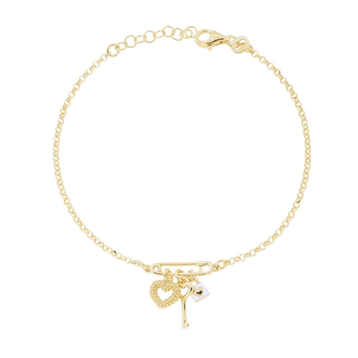 Bracciale Catena Rolo Diamantata con Spilla da Balia Cuore Chiave e Lucchetto con Smalto Bianco in ARGENTO 925 Galvanica Oro