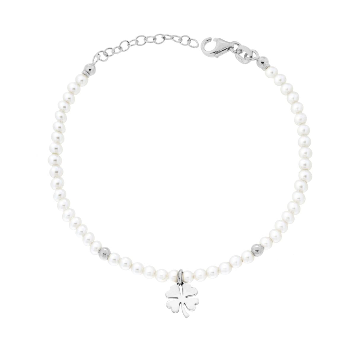Bracciale Filo Perla Bianca in vetro perlato con Quadrifoglio in ARGENTO 925 Galvanica Rodio