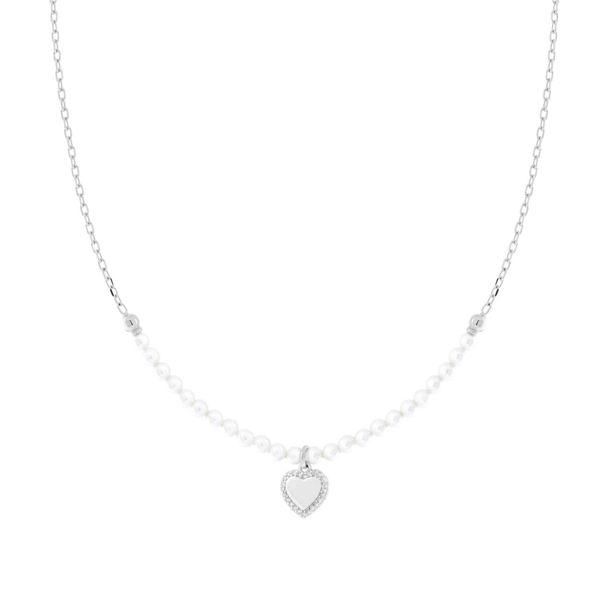 Collana con Catena Forzatina Diamantata e Filo Perla Bianca in vetro perlato con Cuore e Cubic Zirconia Bianchi in ARGENTO 925 Galvanica Rodio