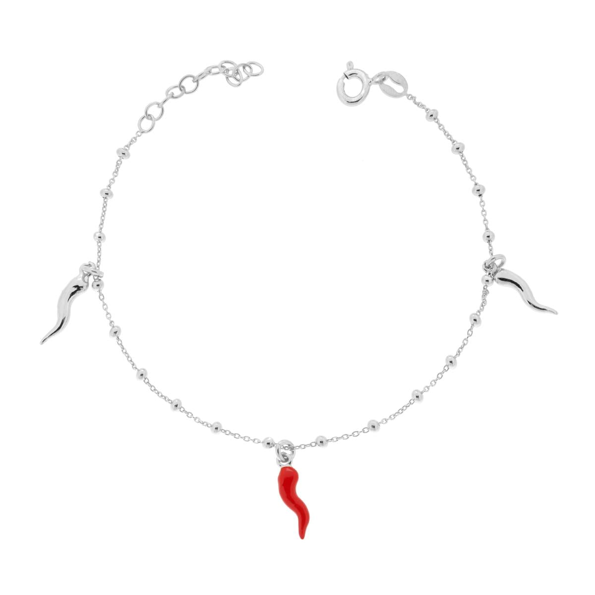 Bracciale Catena Forzatina Diamantata con Palline Corni Smalto Rosso pendenti in ARGENTO 925 Galvanica Rodio